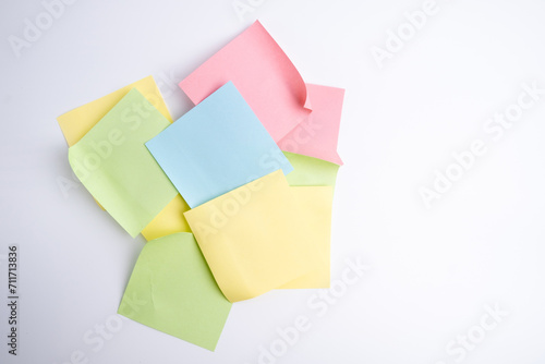 Mockup of many blank colorful office stickers on a colored background. Place for text. Concept ideas and notes 