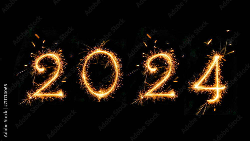 New Year 2024 sparkler golden light, Sparklers draw figures 2024. Bengal lights and letter New Year 2024 sparkler golden light, Sparklers draw figures 2024. Bengal lights and letter