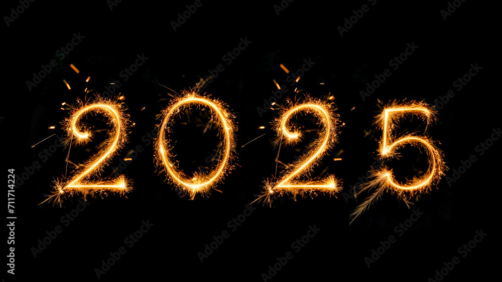 Happy New Year 2025. Sparkling burning text Happy New Year 2025 isolated on black background. Happy New Year 2025. Sparkling burning text Happy New Year 2025 isolated on black background.