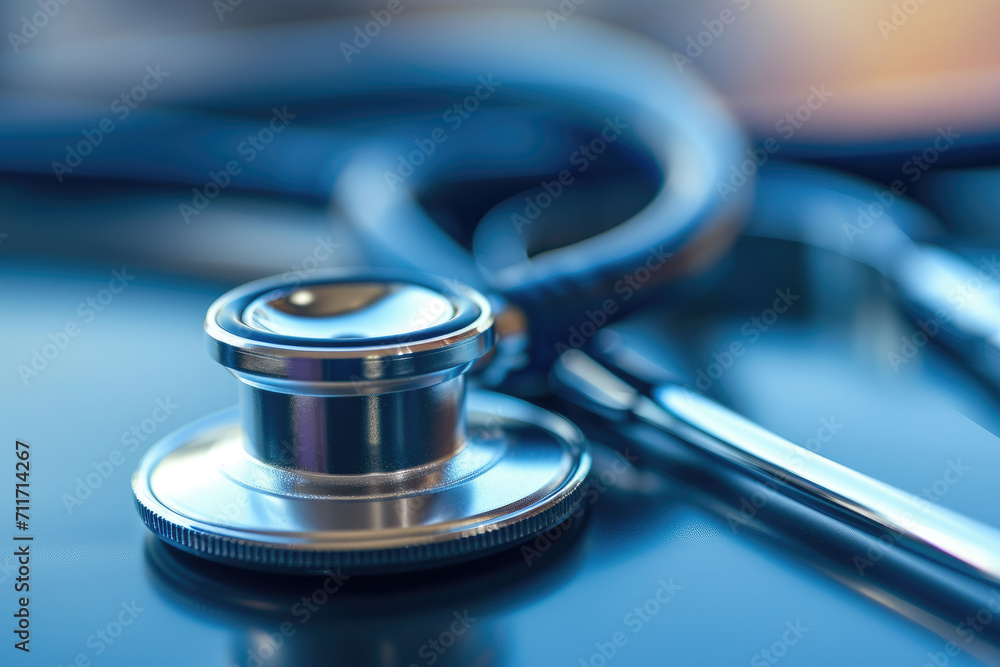 Close-up image of a stethoscope on a blue surface with a soft-focus background, conveying medical examination and health monitoring.. Close-up image of a stethoscope on a blue surface with a soft-focus background, conveying medical examination and health monitoring..