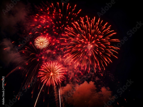 Red Fireworks explode in night sky, Waterfront fireworks Colorful fireworks in the night sky. © Alanh