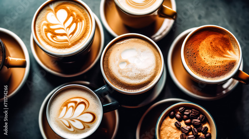 Dive into a rich tapestry of coffee and cappuccino types against a dark background. This enticing image captures the diverse world of coffee delights.