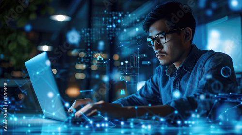 Man with glasses is working on a laptop in a dimly lit room with a bokeh effect of city lights in the background, overlaid with a network of digital connections. © MP Studio