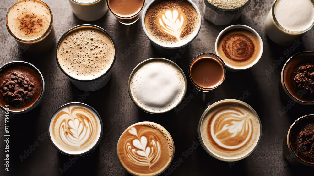 Dive into a rich tapestry of coffee and cappuccino types against a dark background. This enticing image captures the diverse world of coffee delights. Dive into a rich tapestry of coffee and cappuccino types against a dark background. This enticing image captures the diverse world of coffee delights.