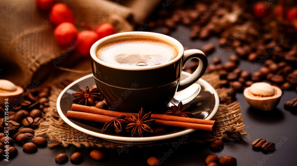 Fototapeta premium Savor the moment with a captivating image of a steaming cup of coffee against the backdrop of a sleek coffee maker. A perfect blend of simplicity and aroma.