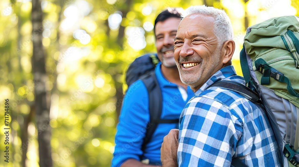 Photorealistic image of a middle aged male hikers walk through the forest in sunny weather. Photorealistic image of a middle aged male hikers walk through the forest in sunny weather.