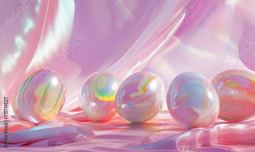 y2k easter egg , iridescent marbles on silky pink fabric background
