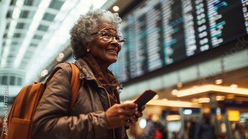 Smiling senior woman in an airport terminal looking at her phone, with a backpack on her shoulder and a flight information display board in the blurry background.