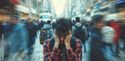 A young man with a distressed expression stands against a backdrop of blurred moving people in an urban setting.