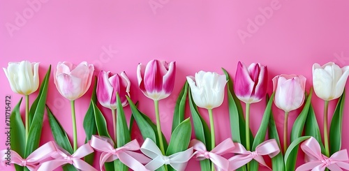 Pink and white tulips with pink ribbons on a pink background. Concept of celebration and decor.