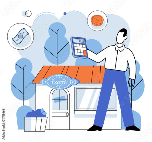 Shop owner. Vector illustration. The shop owner concept encompasses unique challenges and responsibilities running retail business Companies implement various strategies to enhance their market