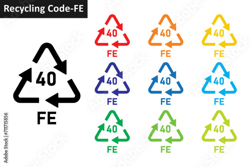 Iron metal recycling code icon set. Metal recycling symbols 40 FE. Metal recycling code 40 icon collection in ten different colors. Set of meta recycling code symbol icon 40 FE.