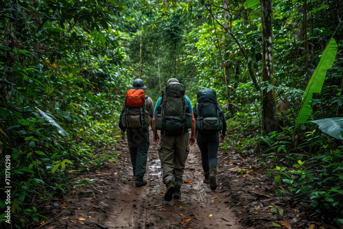 Rainforest Exploration: A Group of Trekkers Walking on Amazon Rainforest Trails, Immersed in the Lush Greenery and Biodiversity of This Spectacular Jungle Adventure. 