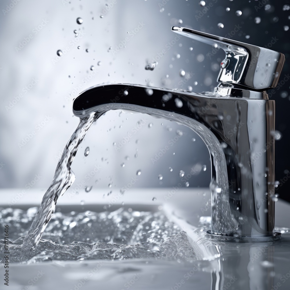 Contemporary Utility: Explore the Functionality and Style of a Stainless Steel Faucet as Water Gently Flows from an Open Tap in a Showroom Showcase. Contemporary Utility: Explore the Functionality and Style of a Stainless Steel Faucet as Water Gently Flows from an Open Tap in a Showroom Showcase.
