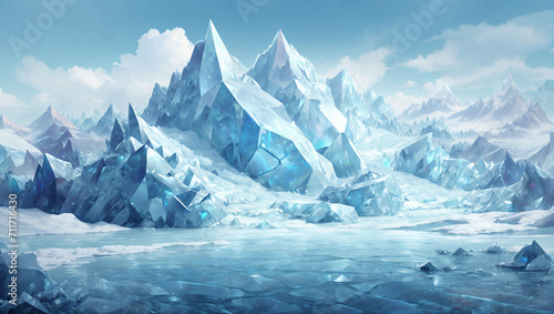 Illustration of a frosty ice mountain shining by the sunlight. Landscape, Concept, Creative, Mountains © Jacks Studio
