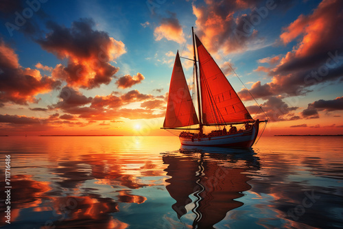 A sailboat slicing through crystal-clear waters, the sun setting on the horizon, epitomizing the tranquility of a seaside journey. photo