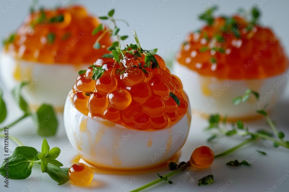 Boiled eggs with red caviar on a white background Boiled eggs with red caviar on a white background