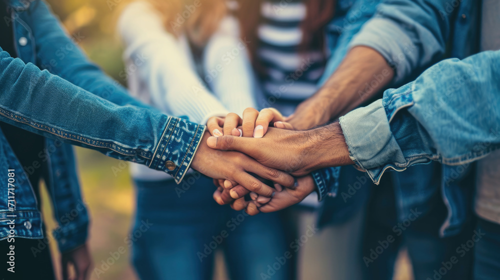 Close-up view of a group of diverse hands placed one on top of the other in a stack Close-up view of a group of diverse hands placed one on top of the other in a stack