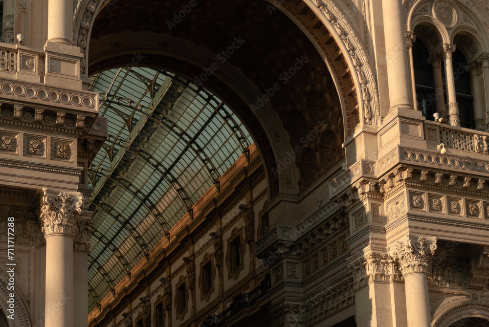 Entrance of the Vittorio Emanuele II gallery. Golden hour