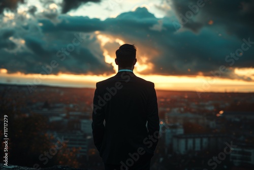 A portrait man with black suit behind looking for town and sky clouds on building top views © Nuttakarn