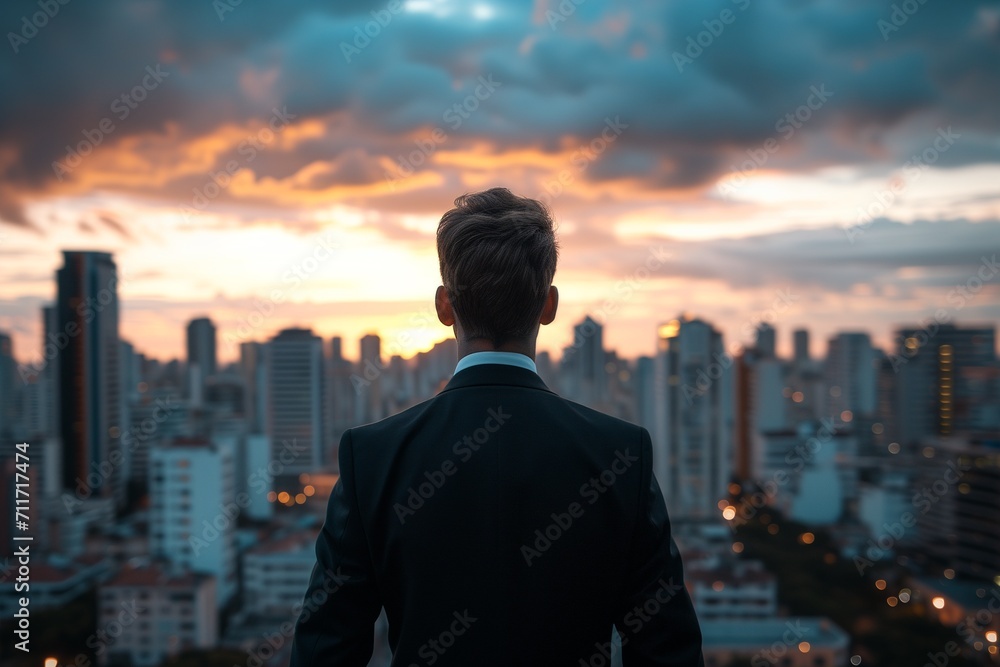 A portrait man with black suit behind looking for town and sky clouds on building top views A portrait man with black suit behind looking for town and sky clouds on building top views