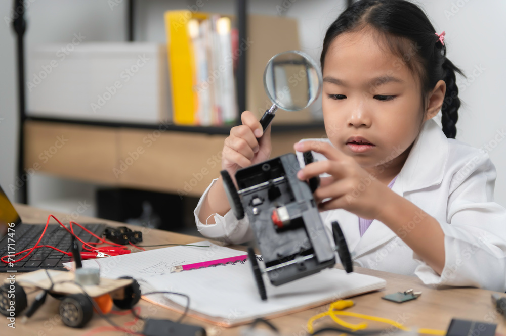 custom made wallpaper toronto digitalAsian littlle girl constructing and coding robot at STEM class,Fixing and repair mechanic toy car