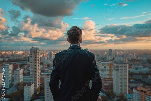 A portrait man with black suit behind looking for town and sky clouds on building top views