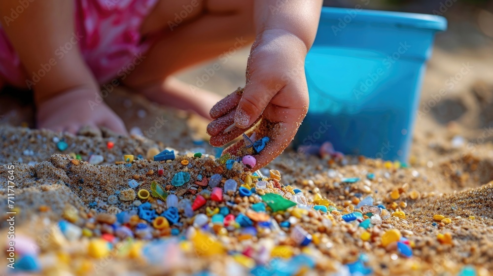 A child's hand picking up microplastics from the sand, with a bucket and shovel in the background, representing the involvement of younger generations in combating pollution. A child's hand picking up microplastics from the sand, with a bucket and shovel in the background, representing the involvement of younger generations in combating pollution.