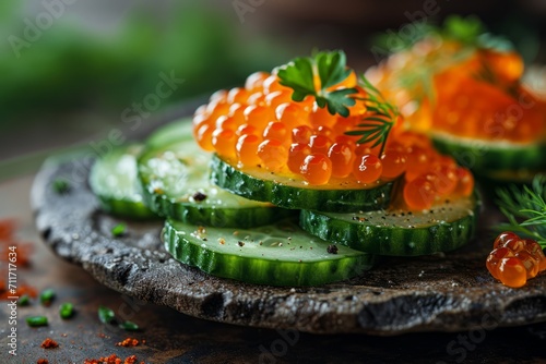 Red caviar on a cucumber slices, rustic style, no carbohydrate diet, keto