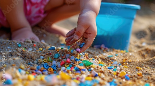 A child's hand picking up microplastics from the sand, with a bucket and shovel in the background, representing the involvement of younger generations in combating pollution.