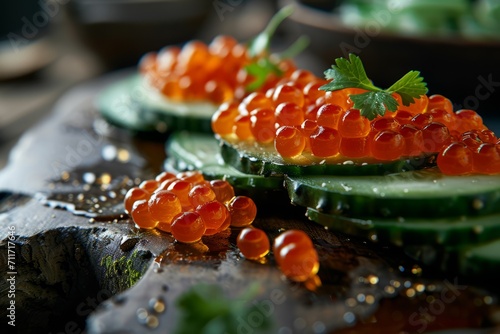 Red caviar on a cucumber slices, rustic style, no carbohydrate diet, keto photo