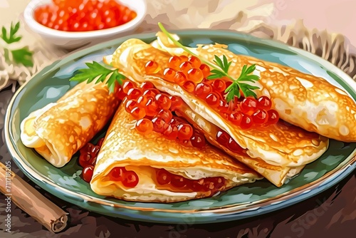 Thin pancakes with red caviar, traditional russian food, maslenitsa festival celebration