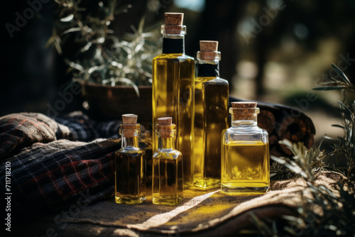 Olive oils in different size of glass bottles