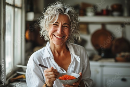 Smiling beautiful elderly woman eating red caviar by the spoon in the kitchen. Concepts: healthy lifestyle, active longevity, proper nutrition, healthy fats, healthy skin photo