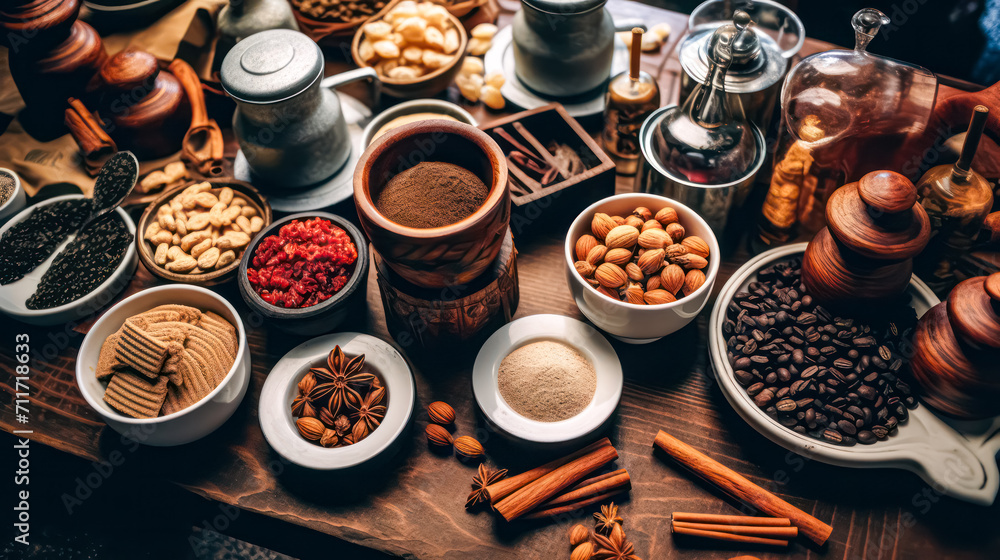 Delve into a top view spice symphony, where an assortment of flavorful seasonings is elegantly arranged in cups. A captivating and aromatic culinary background.