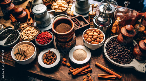 Delve into a top view spice symphony, where an assortment of flavorful seasonings is elegantly arranged in cups. A captivating and aromatic culinary background. © Людмила Мазур