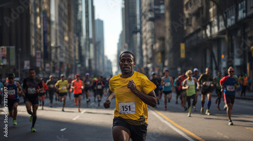 Dynamic Urban Marathon. African American Man Leading a Road Race in the Heart of the City, Embracing Fitness and Healthy Living with a Diverse Community