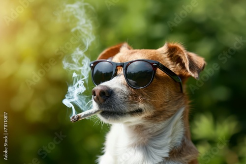 Cool dog with sunglasses outdoor smoking a cigar of Cannabis to celebrate international 420 day.