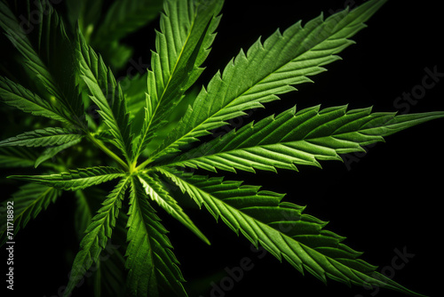 Green cannabis leaf on a black background