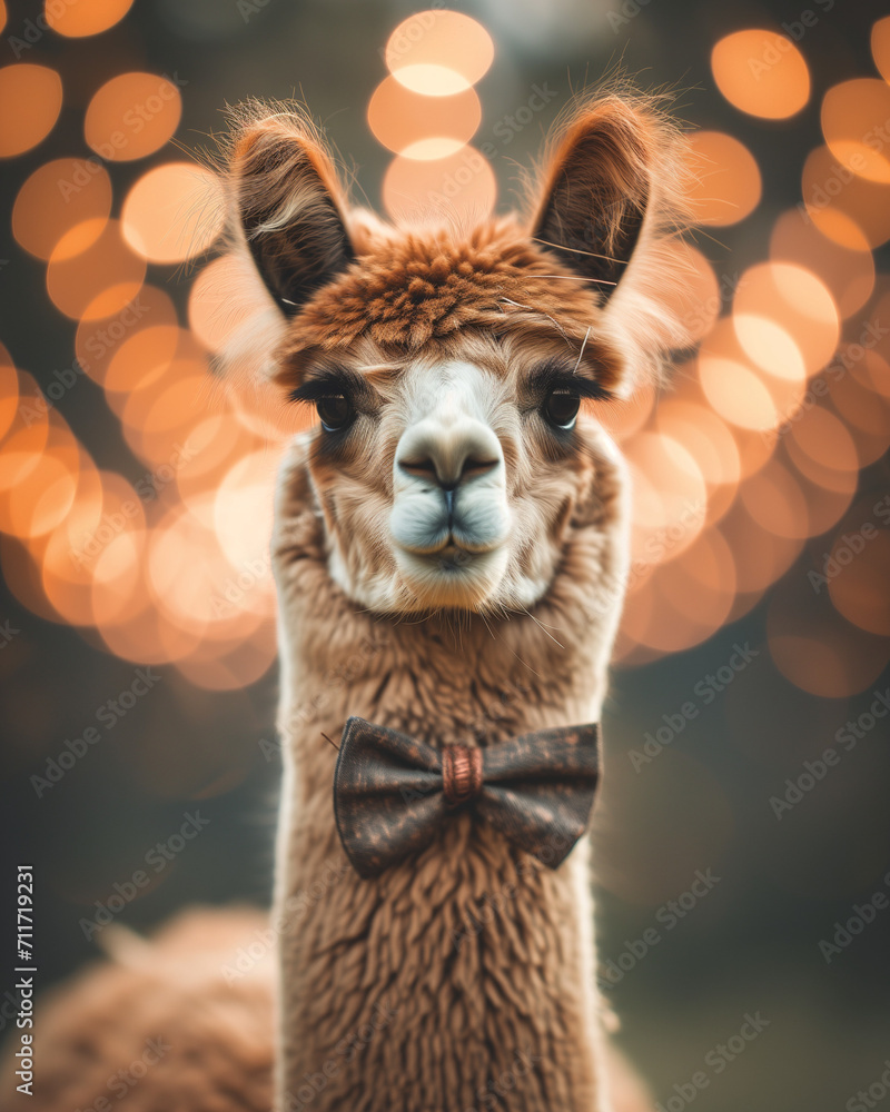 Obraz premium Alpaca with bowtie wedding bokeh
