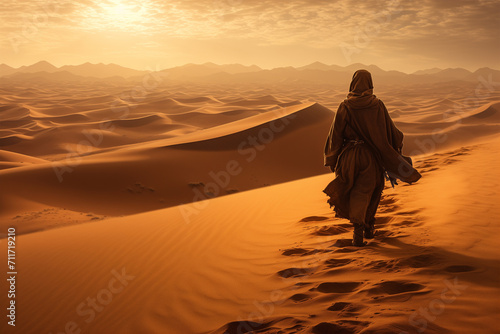 Arab man stands alone in the desert and watching the sunset © RetoricMedia