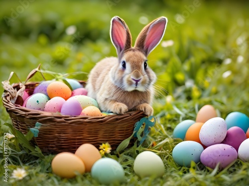 Easter bunny in basket of eggs. The bunny is a white and brown breed with long ears and a fluffy tail.