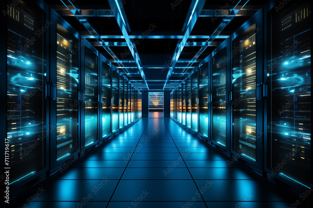 Server room in a modern office of a technology company.