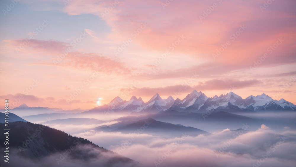 Landscape illustration of a beautiful mountain surrounded by foggy clouds, Golden Hour, Mount Everest