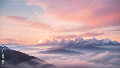 Landscape illustration of a beautiful mountain surrounded by foggy clouds, Golden Hour, Mount Everest © Jacks Studio