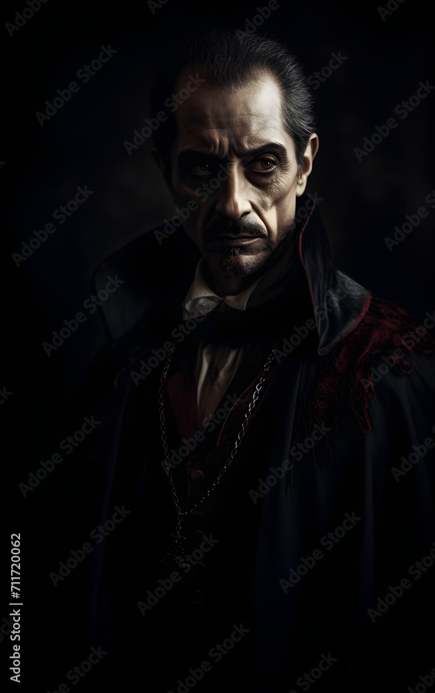Photorealistic portrait of a Romanian Vampire. Dracula from Transylvania on dark background, scarry, Majestic, realistic image. Photorealistic portrait of a Romanian Vampire. Dracula from Transylvania on dark background, scarry, Majestic, realistic image.