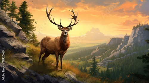 Wild nature scene, antlered stag standing facing the camera, with mountains and sunset in the background.
