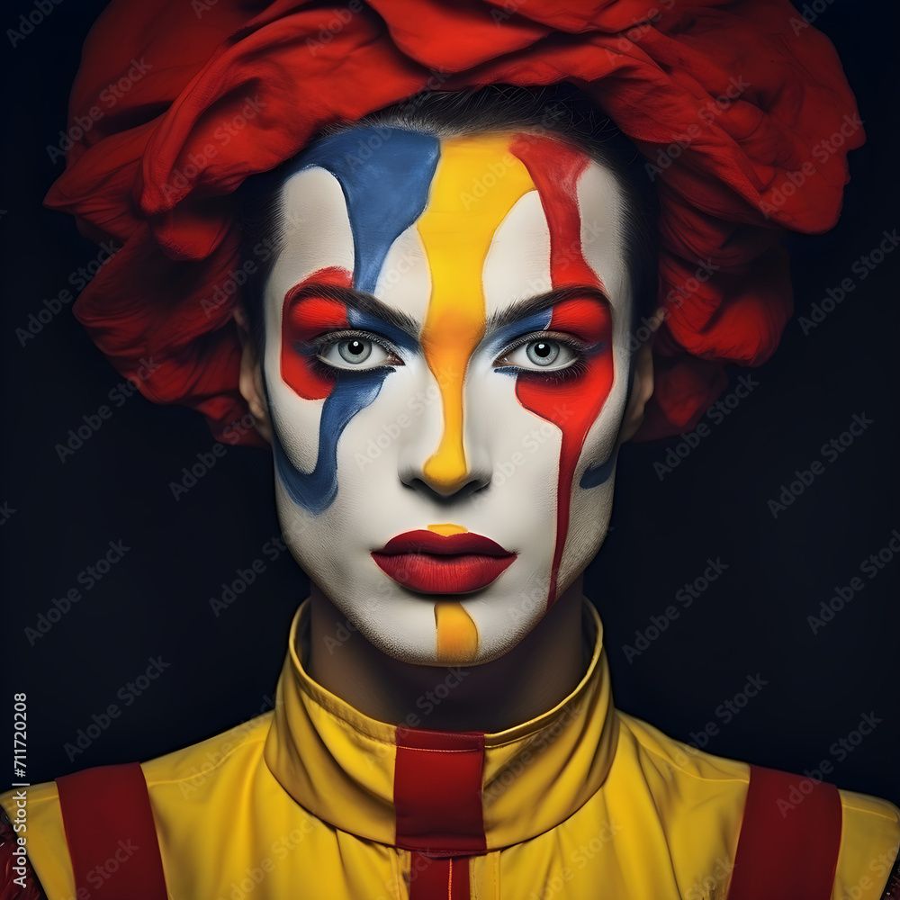 Artificial humor portrait. Romanian flag colors red, yellow, blue. 