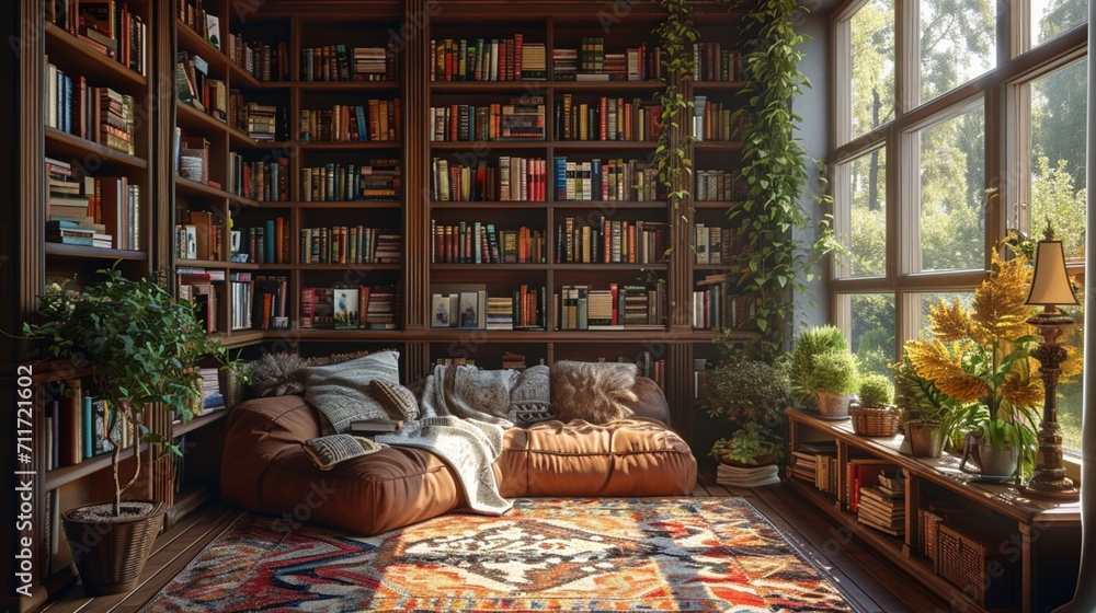 A cozy reading nook bathed in warm sunlight, nestled between floor-to-ceiling bookshelves, adorned with vintage leather-bound books and plush seating for the perfect escape.