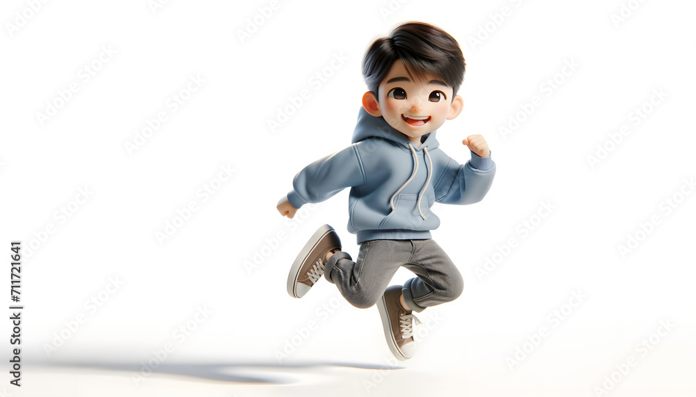 young tall cute excited funny smiling casual Asian active guy wearing fashionable clothes a blue hoodie, gray jeans